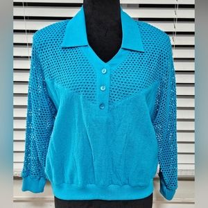 Vintage 70s blouse bright blue color cotton Regal top